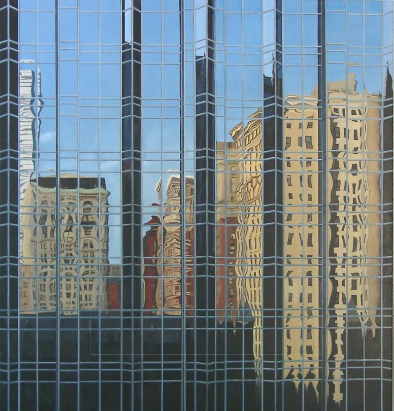 Schilderij met de glaze pui van een heel groot kantoorgebouw. Hierin zie je de stad Pittsburgh gereflecteerd. Gemaakt door Els Vink.