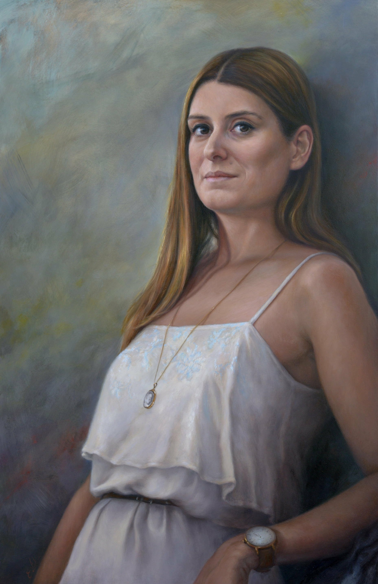 Portrait of a young woman, with a special look in her eyes, revealing deep thoughts and feelings. Or: Mirrors of the soul. Made by portrait painter Els Vink.