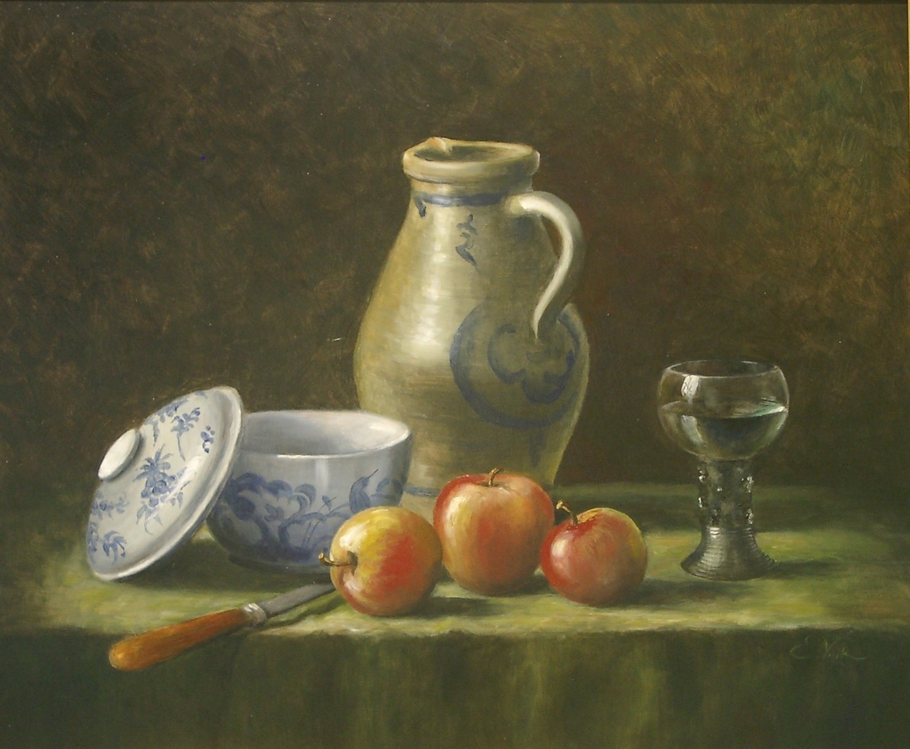 Earthenware can and apples, painted by  Els Vink