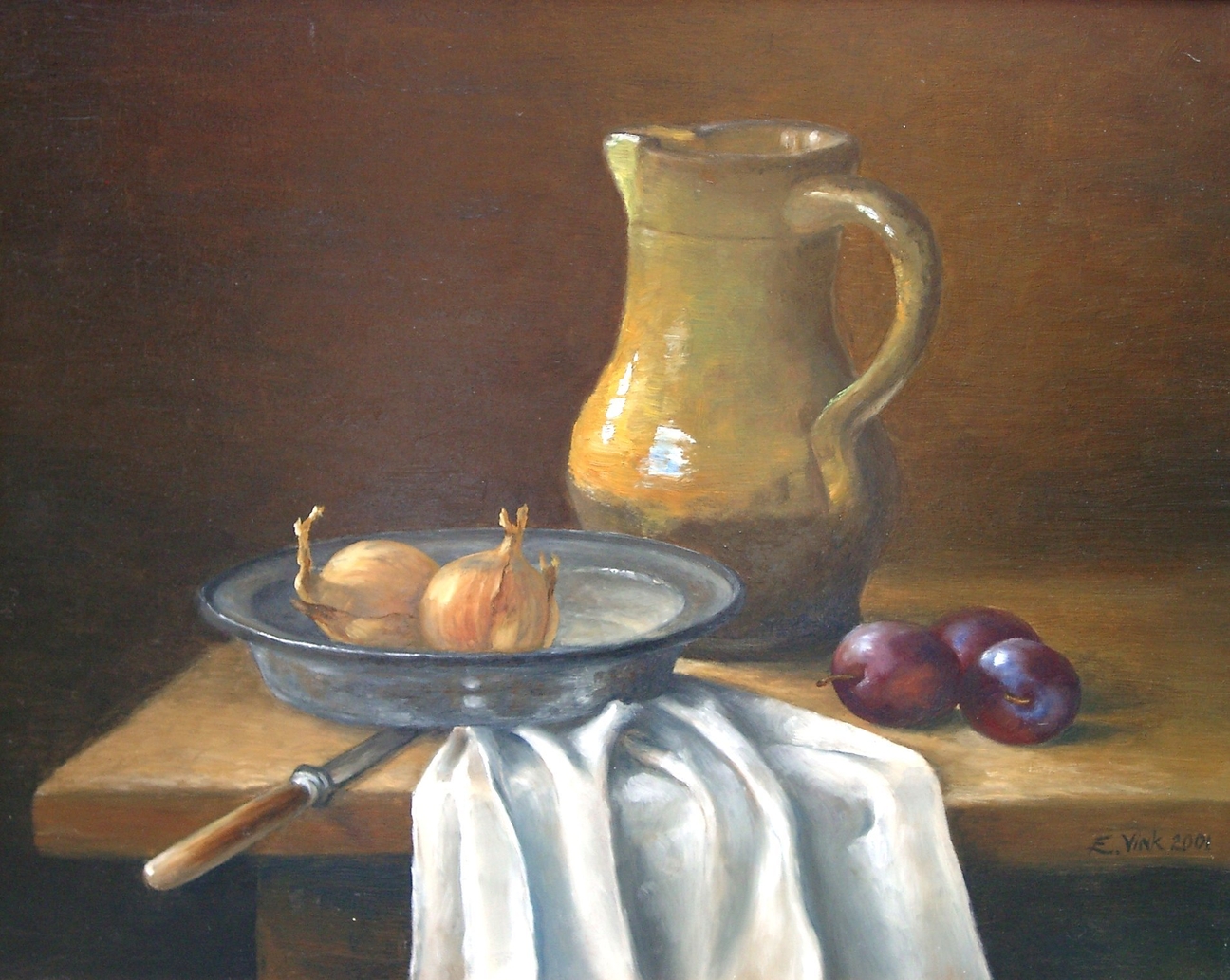 Stone jar and tin plate, painted by  Els Vink