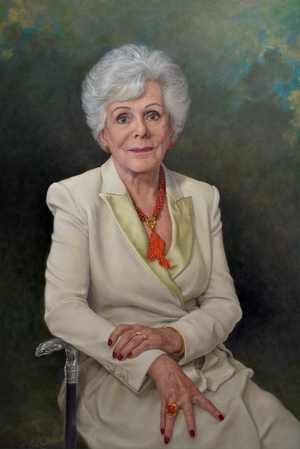 Portret van een Dame op leeftijd die La Contessa, ofwel de Gravin genoemd wordt.  Olieverf schilderij gemaakt door Els Vink.