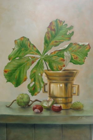 Chestnuts and a chestnut-leaf in an old copper mortar, painted by  Els Vink
