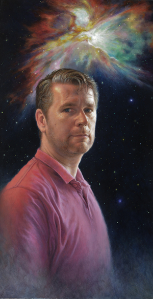Portret van Rene, met de Orion Nevel op de achtergrond. Van portretschilder Els Vink.