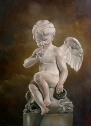 Schilderij van Cupido. Een marmeren beeldje die eens toebehoorde aan Madame de Pompadour, de minnares van de Franse Koning Lodewijk XV. Gemaakt door portretschilder Els Vink.