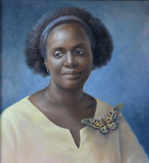 A portrait in oils of Françoise from Africa. On her shoulder the African Giant Swallowtail (Papilio Antimachus) butterfly. Made by Els Vink.