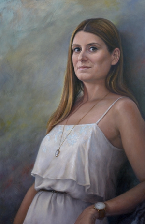 Portret van een jonge vrouw. De blik in haar ogen laat diepe gevoelens en gedachten zien. Ofwel; spiegels van de ziel. Gemaakt door portretschilder Els Vink.