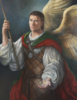 Portret van Sint Michaël, die in zijn hand een vlam laat zien. Dit is een ziel die gewogen moet worden. Gemaakt door portretschilder Els Vink.
