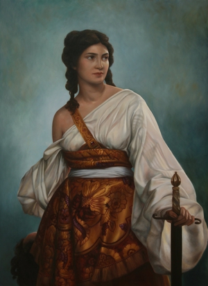 Portrait of Judith, heroine from the Old Testament. Oil on panel. By portrait painter Els Vink.