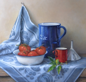Still-life painting with tomatoes. All is ready to make the sauce. Painted by Els Vink.