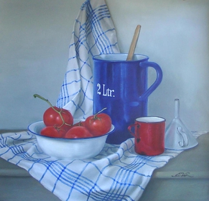 Still-life with tomatoes, a big blue metal milk pitcher on a white cloth. Painted by Els Vink.