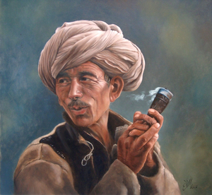 Portrait of a man, a Nomad who is smoking something funny. Made by portrait painter Els Vink.
