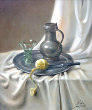 Still-life painting with a tin jug and plate, as well an antique glass and a lemon. Made by Els Vink.