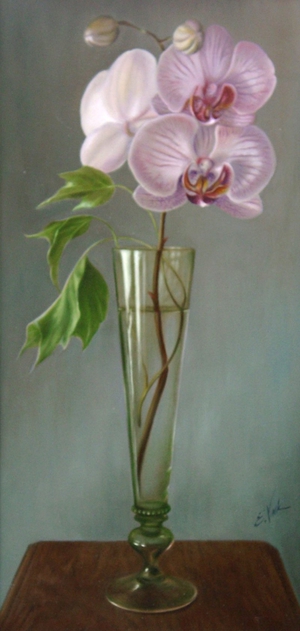 Still-life painting with an orchid in an antique wineglass. Made by Els Vink.