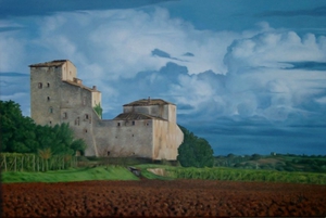 Toscane, een weelderig groen landschap met een kasteel. Olieverf schilderij gemaakt door Els Vink.
