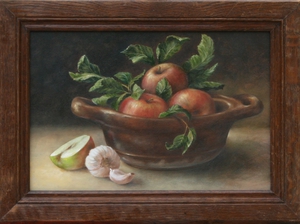 A still-life painting with apples in a french earthenware bowl and garlic beside it. Painted by Els Vink.